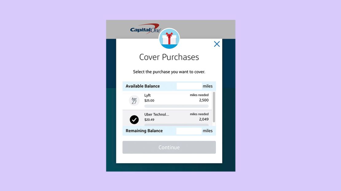 A screenshot of Capital One's website showing the process for redeeming Capital One miles toward an Uber ride