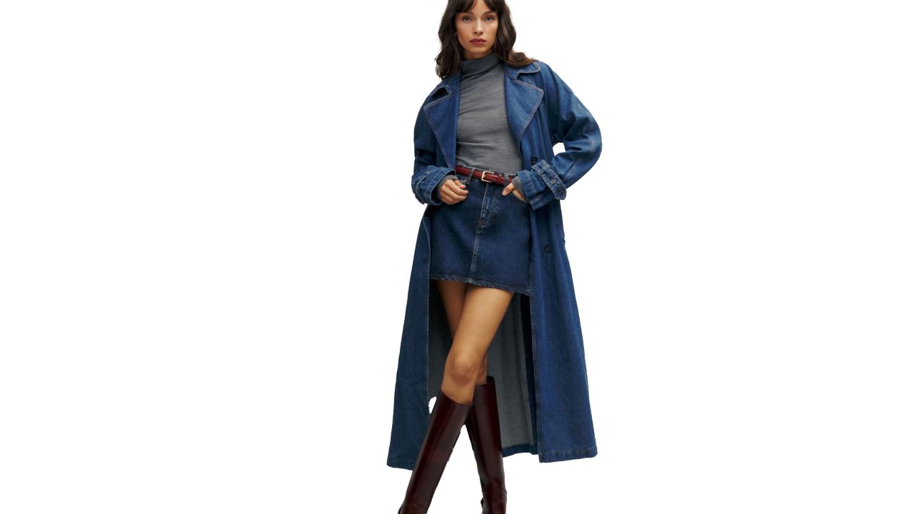 Reformation Hayes Denim Trench Coat in dark denim