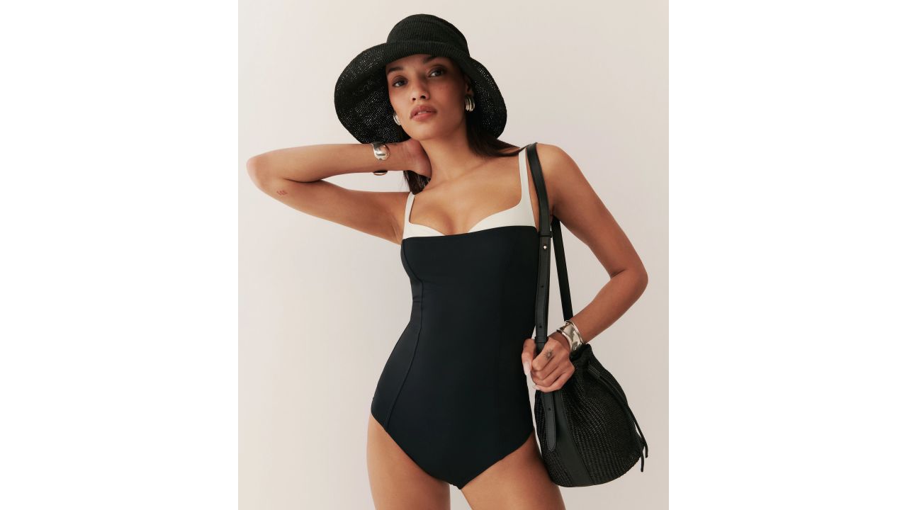 reformation tossa one-piece swimsuit in black and white