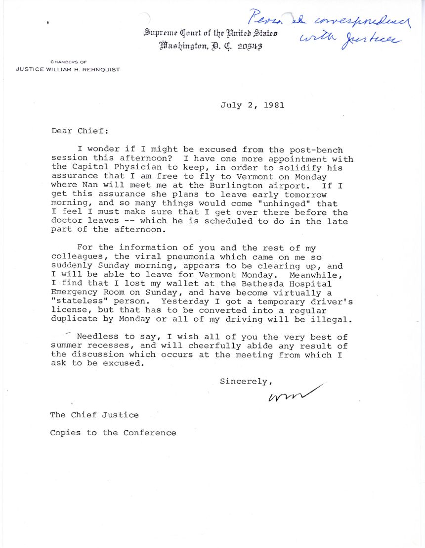 Letter from Justice Rehnquist to his colleagues.