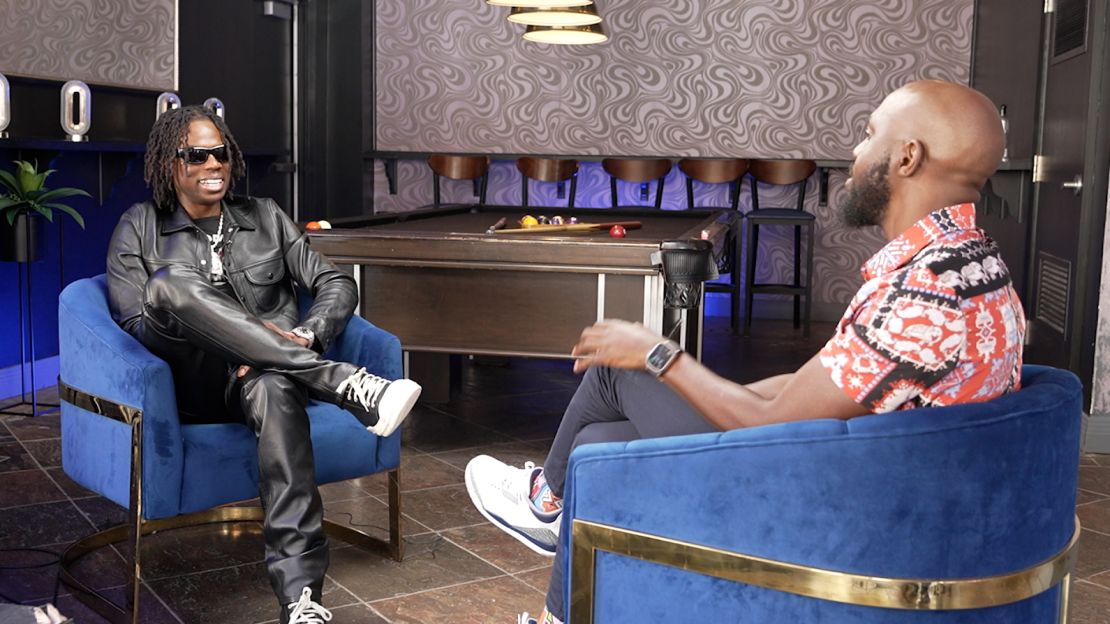 Larry Madowo interviews Nigerian singer Rema ahead of his Afronation performance in Detroit, Michigan August 17, 2024.