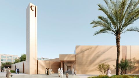 A rendering of the entrance to the planned net-zero mosque in Abu Dhabi.