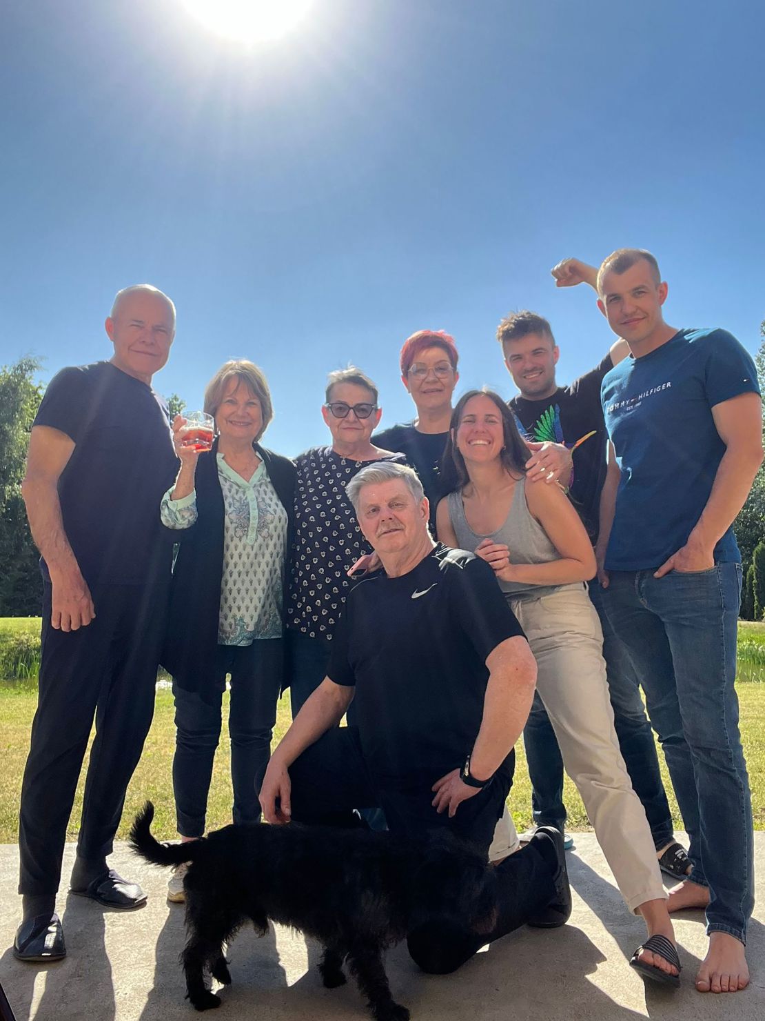 From left to right: Juliusz Gorzkoś, Elana Milman, their sister Ewa, her husband Wladek (kneeling), Gorzkos' wife Ania, Milman's granddaughter Yhali and Gorzkos' sons, Radek and Hubert.