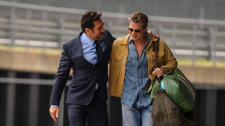 (L-r) JAVIER BARDEM as Ruben Cervantes and BRAD PITT as Sonny Hayes in Apple Original Films’ “F1®,” a Warner Bros. Pictures release.