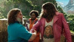 (L-r) JACK BLACK as Steve, DANIELLE BROOKS as Dawn and JASON MOMOA as Garrett in Warner Bros. Pictures’ and Legendary Pictures’ “A Minecraft Movie.”