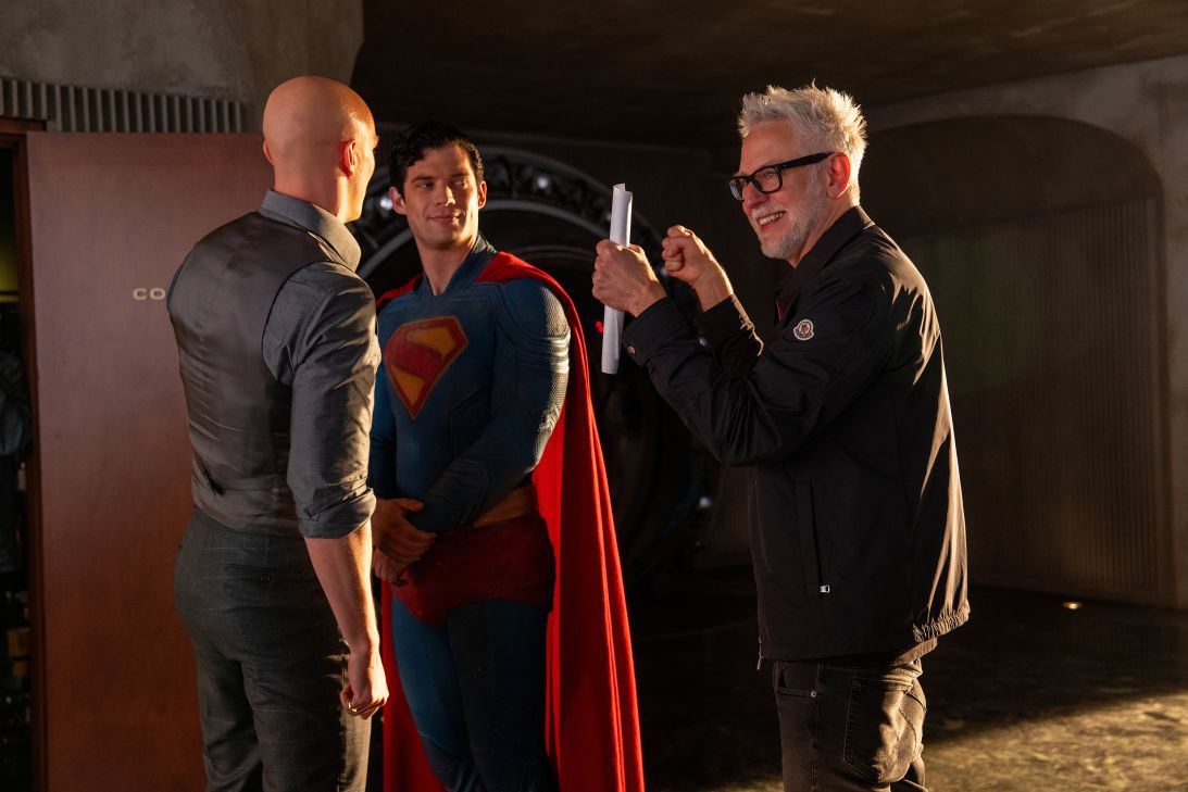 Nicholas Hoult, David Corenswet and director James Gunn on the set of “Superman.”