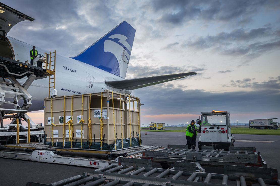 Rhino crates are carefully offloaded from the aircraft upon arrival in Rwanda.