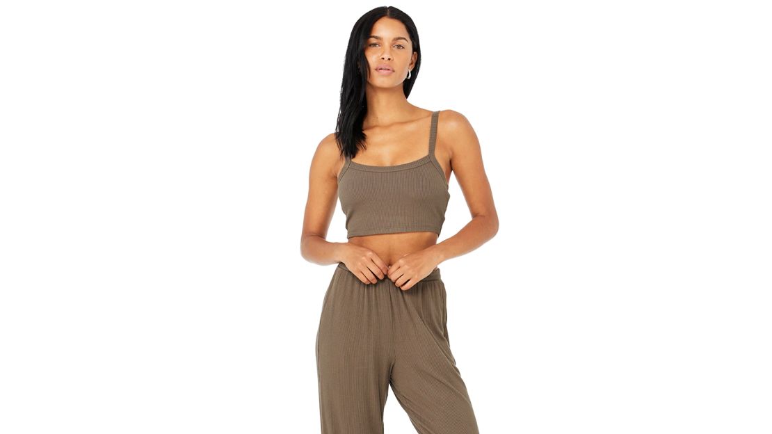 Ribbed Crop Whisper Bra Tank and High-Waist Ribbed Whisper Pant.