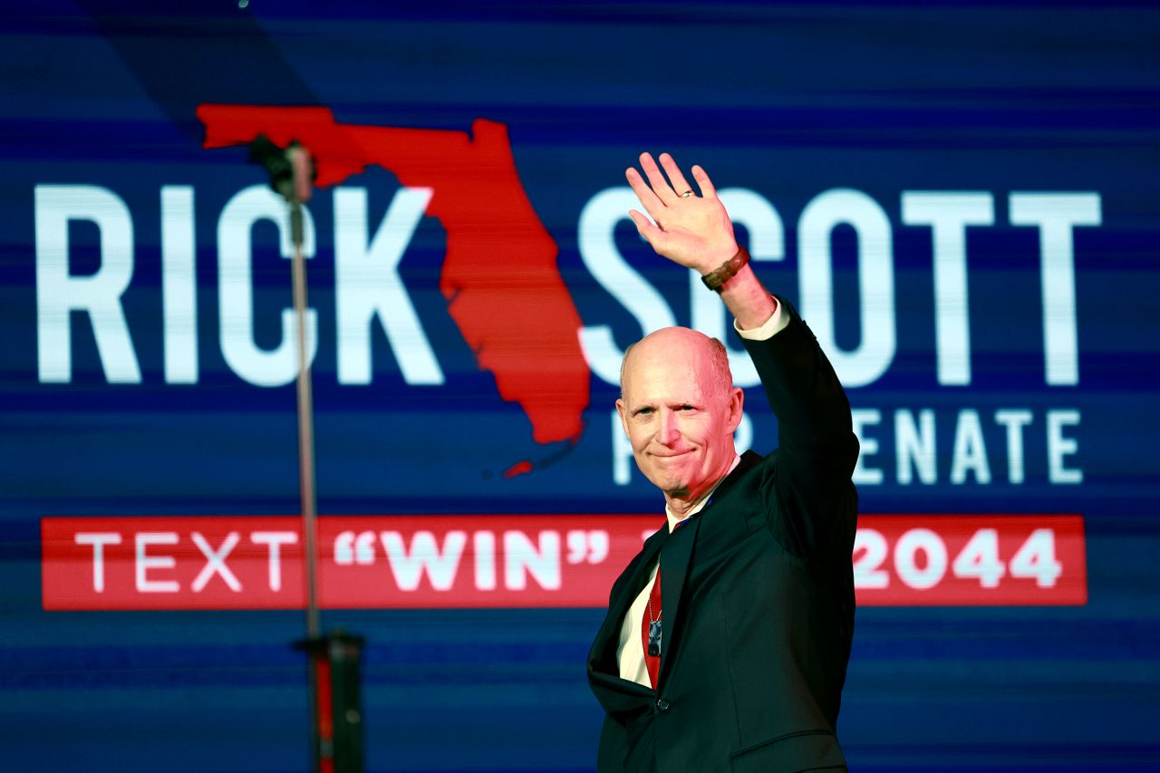 Sen. Rick Scott speaks during the Florida Freedom Summit at the Gaylord Palms Resort on November 4, 2023 in Kissimmee, Florida. 