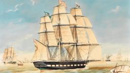 1842 painting by Jacob Spin showing Koning Willem de Tweede at Batavia (Jakarta) in the Dutch East Indies (modern-day Indonesia). 