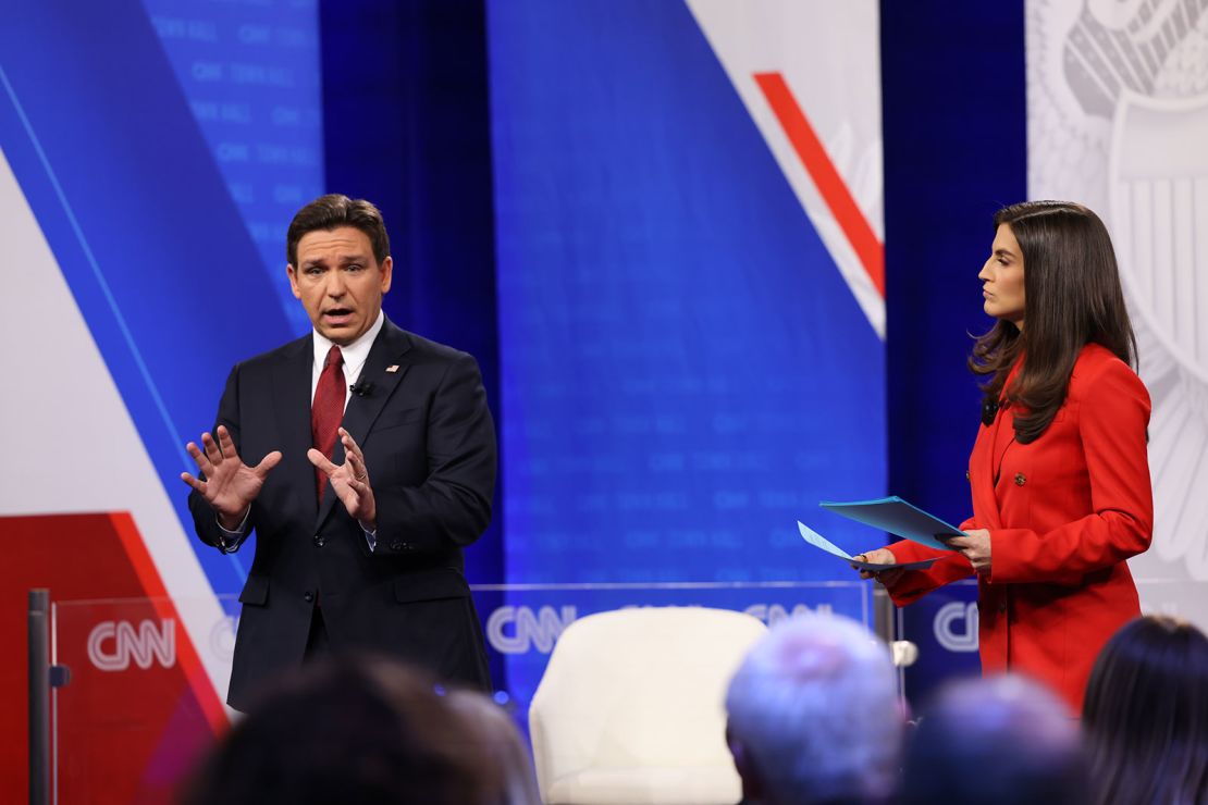 Republican presidential candidate and Florida Gov. Ron DeSantis participates in a CNN Republican Town Hall moderated by CNN's Kaitlan Collins at Grand View University in Des Moines, Iowa, on Thursday, January 4.