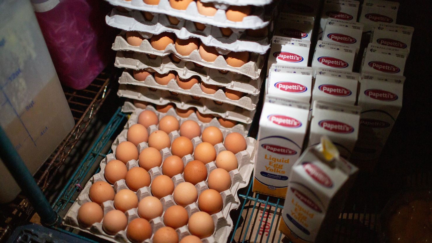 Cases of eggs sit in the walk-in storage at Bread Furst in Washington, DC, on Saturday. The Northwest DC bakery has been feeling the pain of egg prices are surging nationwide during the ongoing bird flu outbreak.