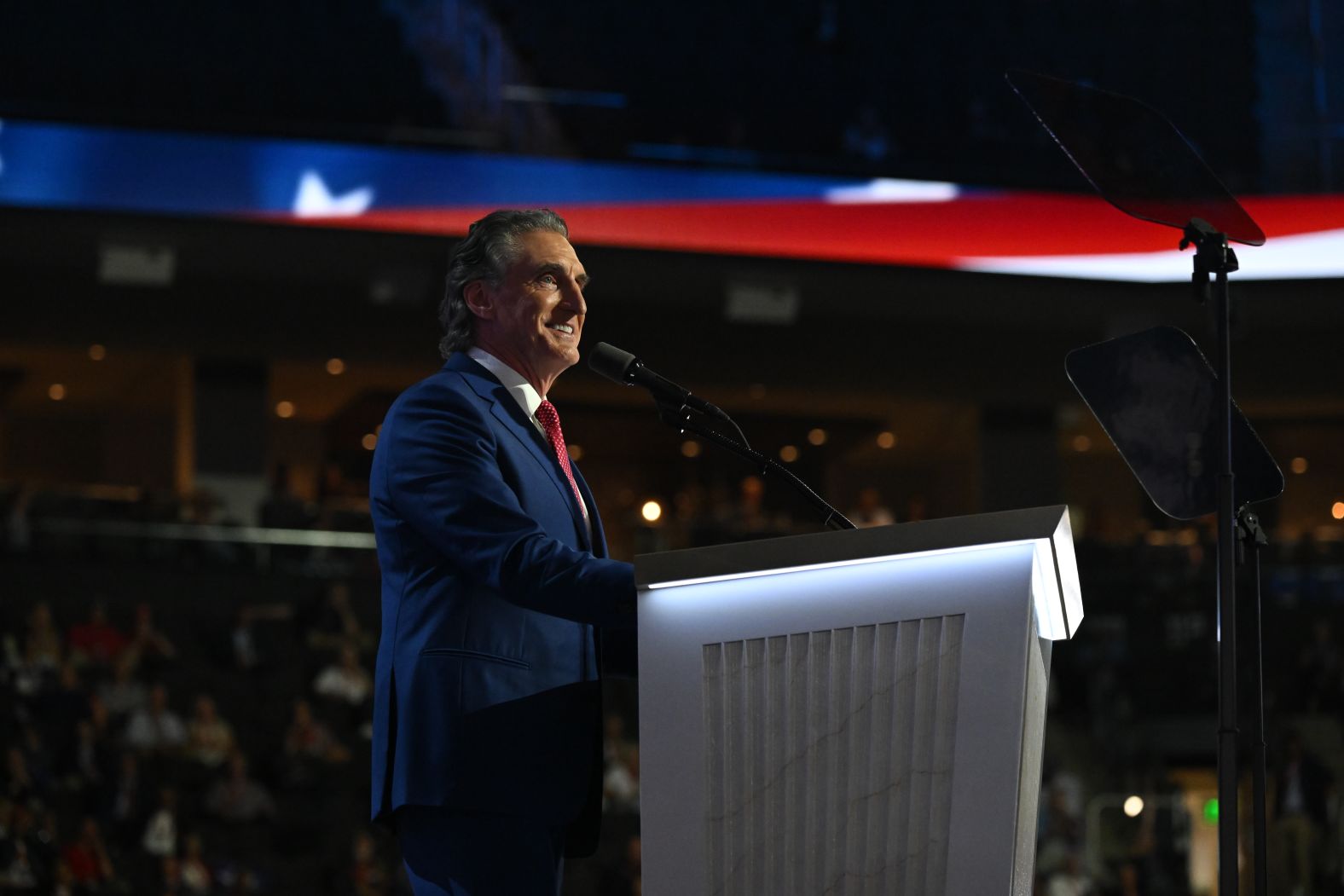 North Dakota Gov. Doug Burgum speaks at the convention on Wednesday. <a >He opened his speech</a> by asking the crowd multiple times, “Who will make America energy dominant?” The crowd answered resoundingly each time: “Trump.”