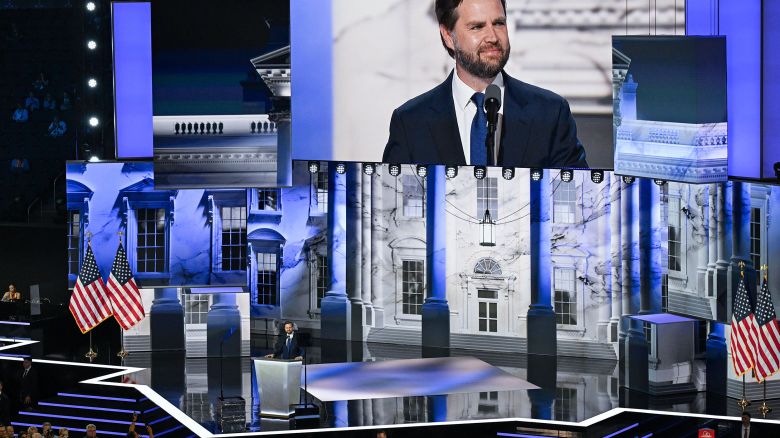 Former President Donald Trump’s running mate Sen. JD Vance speaks at the 2024 Republican National Convention hosted at the Fiserv Forum in Milwaukee, Wisconsin, on July 17, 2024.