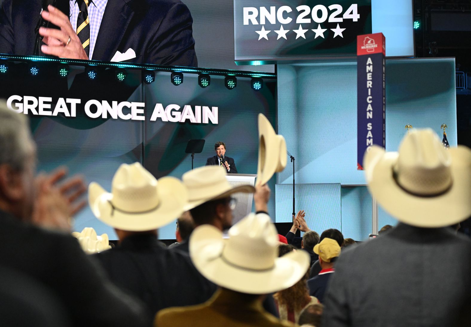 Former Fox News host Tucker Carlson speaks at the convention on Thursday. <a href="index.php?page=&url=https%3A%2F%2Fwww.cnn.com%2Fpolitics%2Flive-news%2Frnc-republican-national-convention-07-18-24%23h_fe3e2e0e8368042527164ea2f3d417e1">He said "everything was different"</a> after Saturday's attempted assassination: “This convention is different. The nation is different. The world is different. Donald Trump is different.”