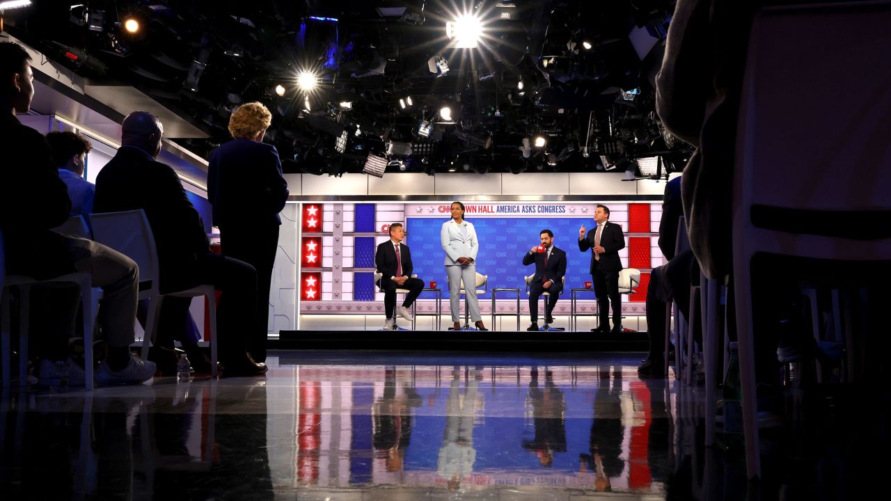 From left: Reps. Derek Tran, Jahana Hayes, Mike Lawler and Ryan Mackenzie attend a CNN Town Hall moderated by CNN’s Jake Tapper and Kaitlan Collins on Thursday, April 10, in Washington, DC.