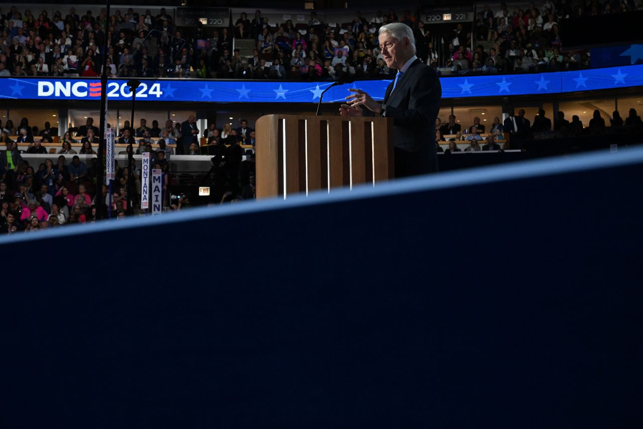 Former President Bill Clinton speaks during the DNC on Wednesday, August 21, in Chicago.