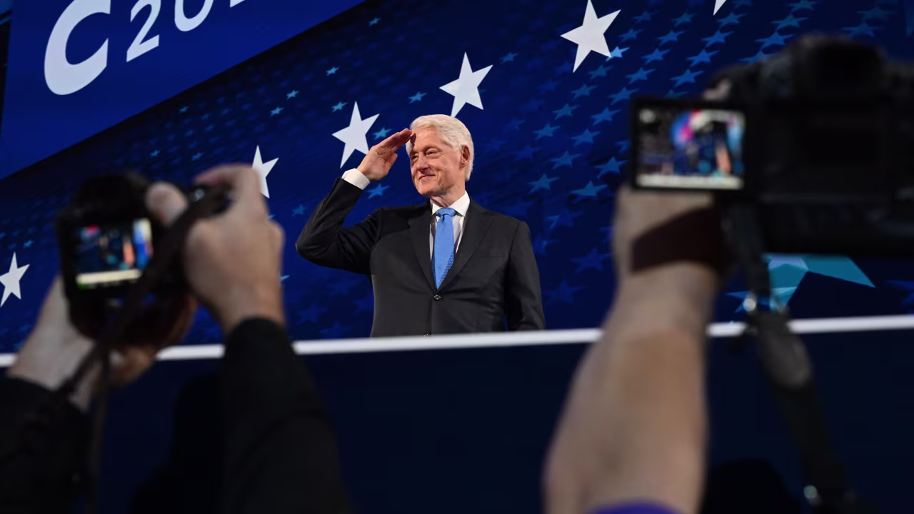 Former President Bill Clinton speaks at the DNC on Wednesday, August 21, in Chicago.