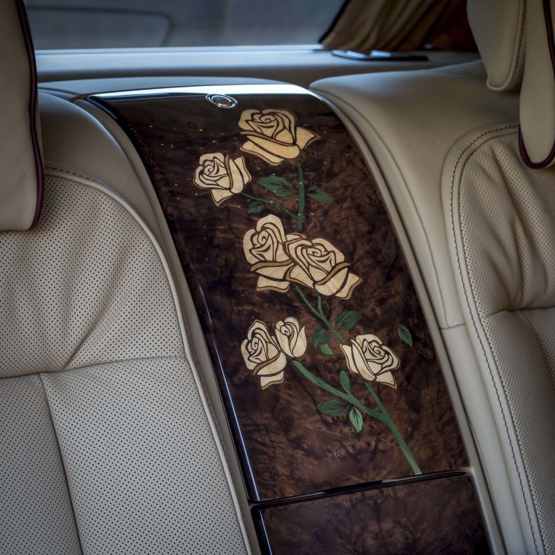 Wood inlays inside of a customized Rolls-Royce Phantom.