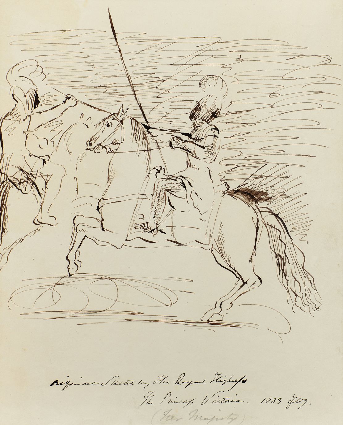 This ink sketch of a knight on horseback is inscribed "original sketch by the Royal Highness The Princess Victoria. (Her Majesty). 1833"