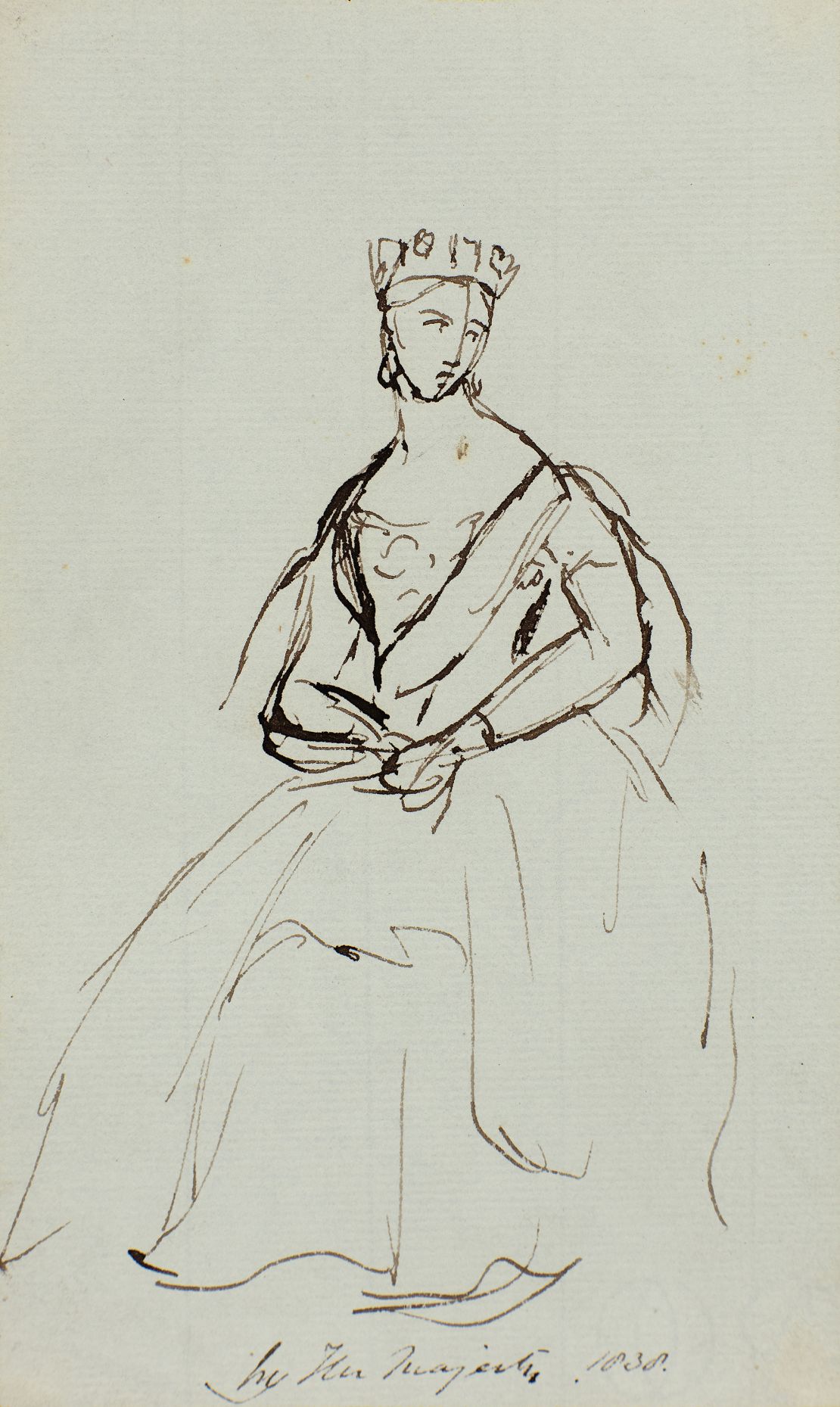 An ink drawing by Queen Victoria, titled "A seated woman with a crown and sash" and dated 1838, is inscribed "by Her Majesty."