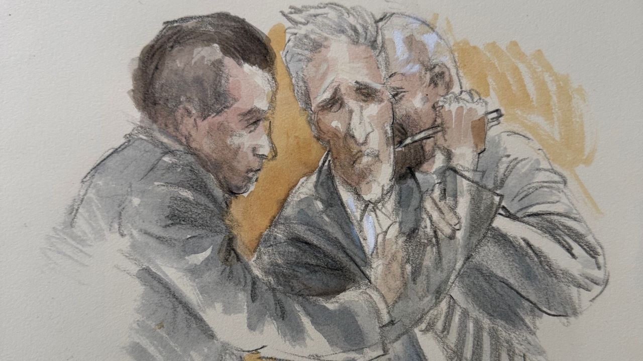 This courtroom sketch shows Ryan Routh trying to stab himself after he was found guilty.