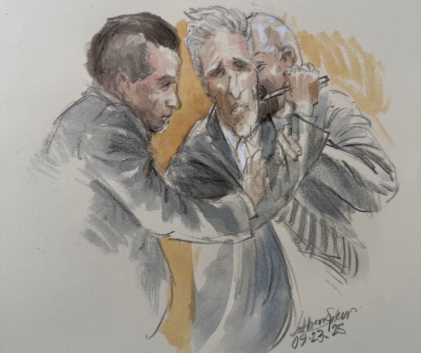 This courtroom sketch shows Ryan Routh trying to stab himself after he was found guilty on Tuesday.