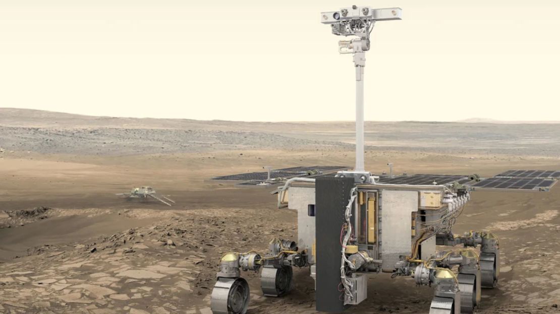 Representación artística del rover Rosalind Franklin de ExoMars en la superficie de Marte.