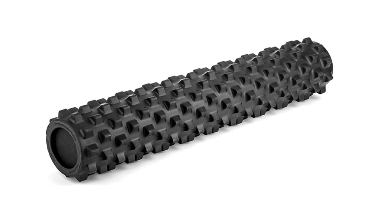 The RumbleRoller 31-Inch Full Size Xtra Firm Textured Foam Roller against a white background.