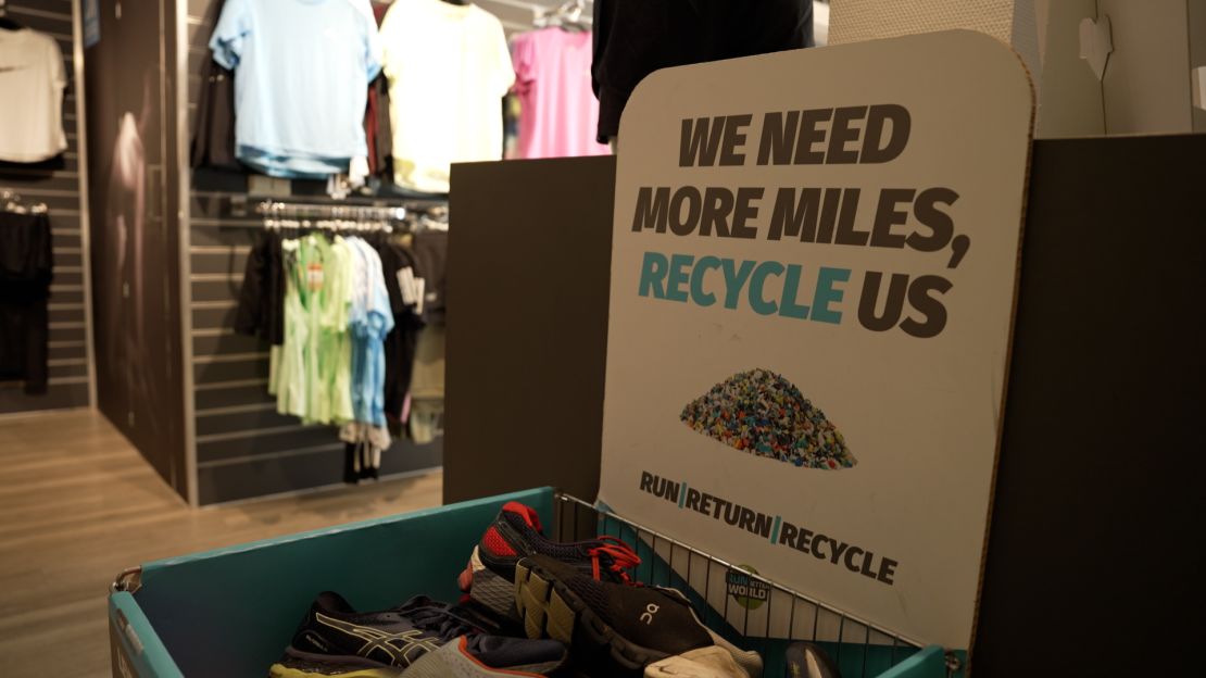 A collection box in Danny and Erna Pormes' running store, pictured, where customers can return end-of-life shoes to be recycled back into reusable materials.