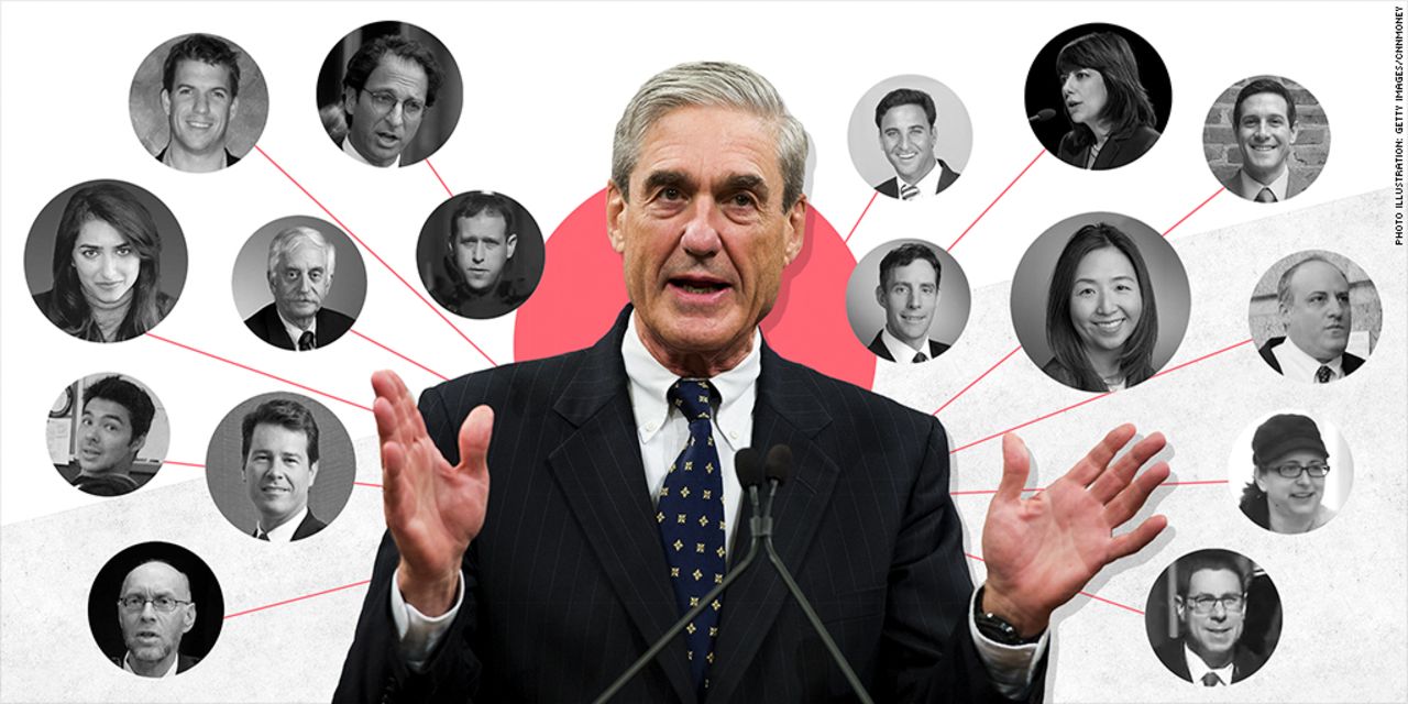 Special counsel Robert Mueller assembled a team of at least 17 lawyers for his investigation of Russian interference in the 2016 election and potential collusion between the Trump campaign and Russia.