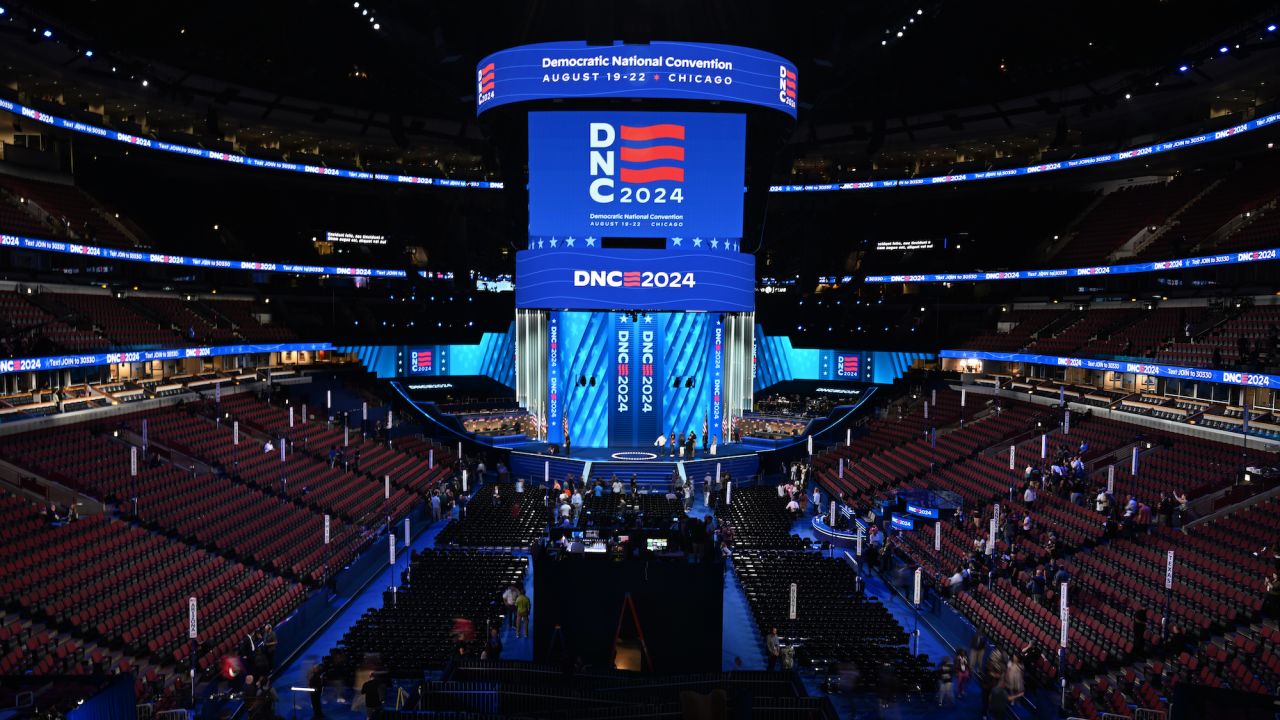 Stage is set for the start of the Democratic National Convention in Chicago, Sunday, August 18, 2024.