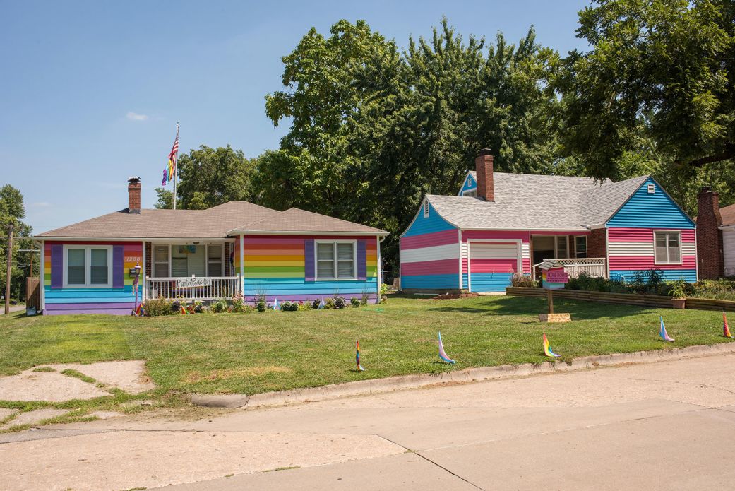 Theses homes painted in Pride colors in Topeka, Kansas, are across the street from the infamous Westboro Baptist Church.
