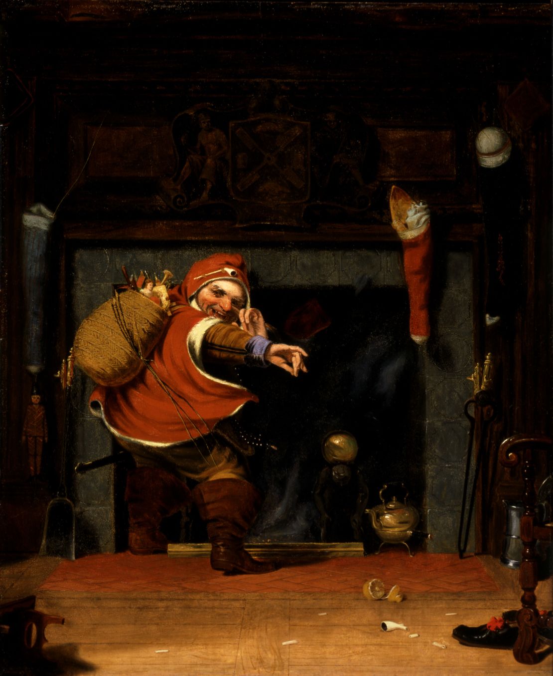 Robert Walter Weir's oil painting of Santa Claus from 1837, shows him as a beardless, caped peddler of goods.