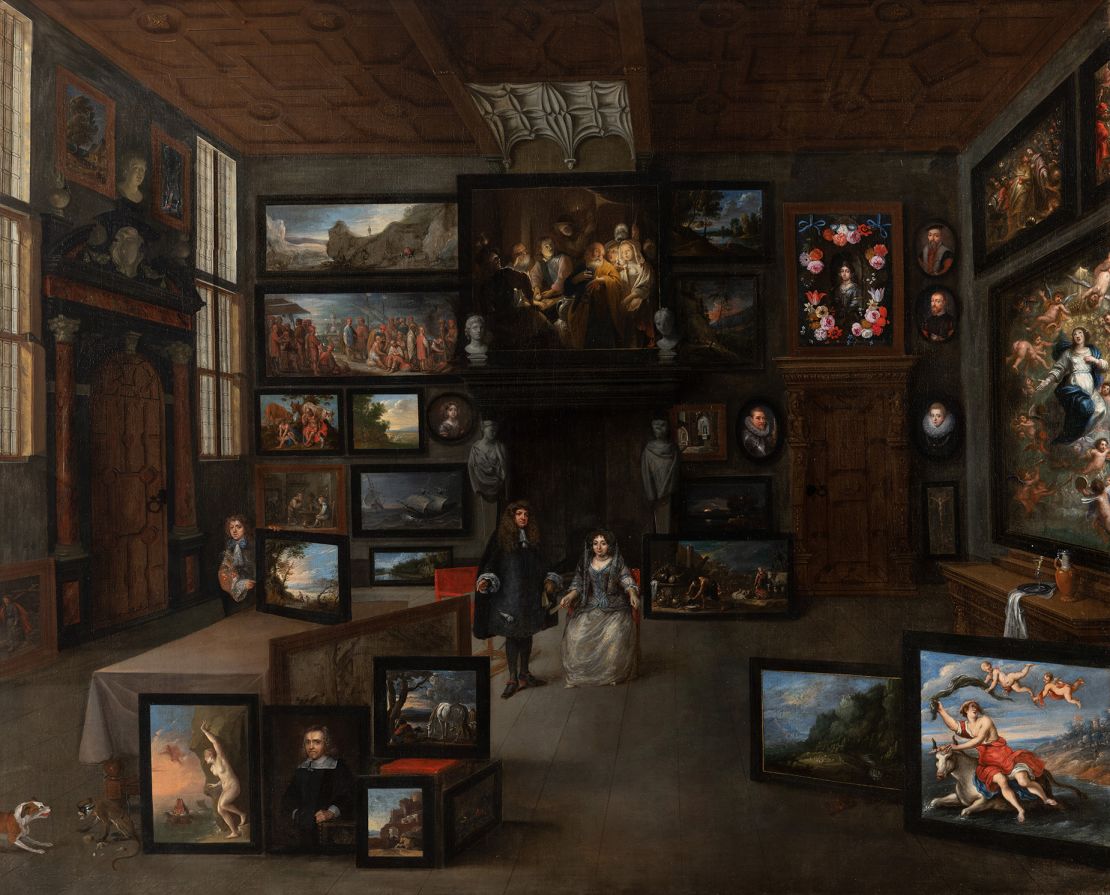 A meta moment in centuries-old art: The couple pictured in this portrait from Peeter Neeffs the Younger and Gillis van Tillborch are surrounded by a braggadocio collection of their other artworks.