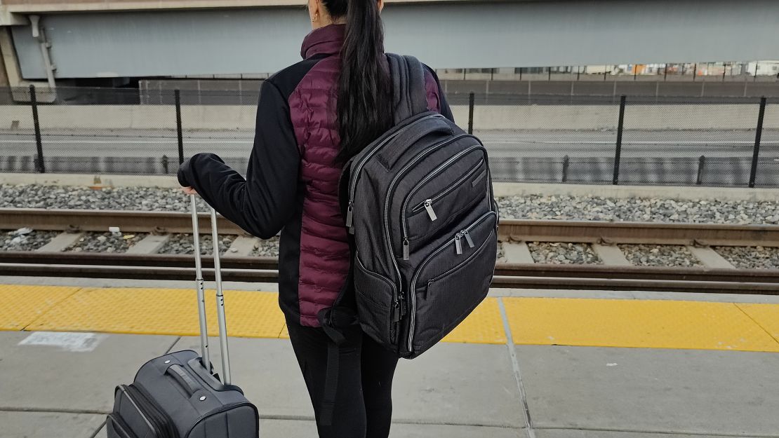 Samsonite Modern Utility Double Shot waiting for train