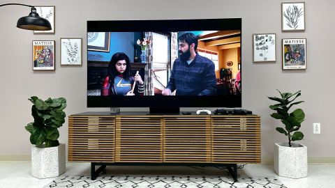 A new Samsung TV in a living room setup with a furniture, plants and wall art.