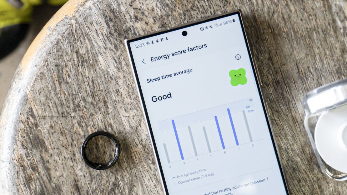 Black Samsung Galaxy Ring next to phone showing sleep time average.