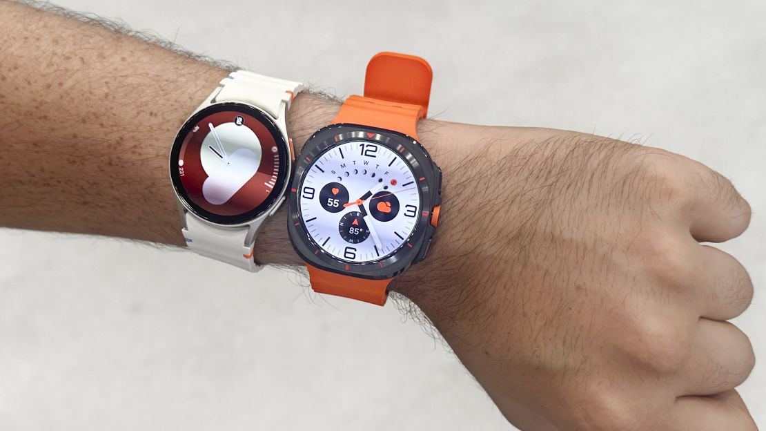 (L, R) Samsung Galaxy Watch 7 and Galaxy Watch Ultra adorn a wrist