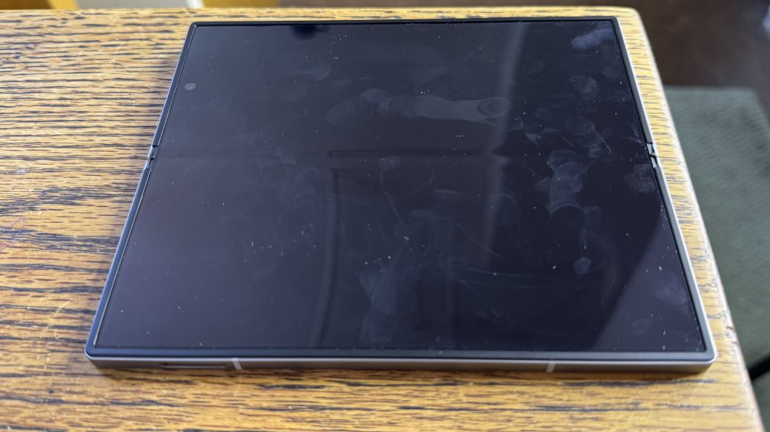 The opened Samsung Galaxy Z Fold 6 display is littered with fingerprints