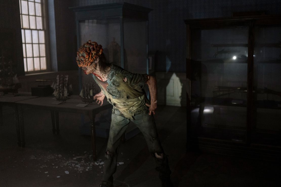 In this scene from HBO's “The Last Of Us,” a fungus-covered victim is on the hunt for prey.