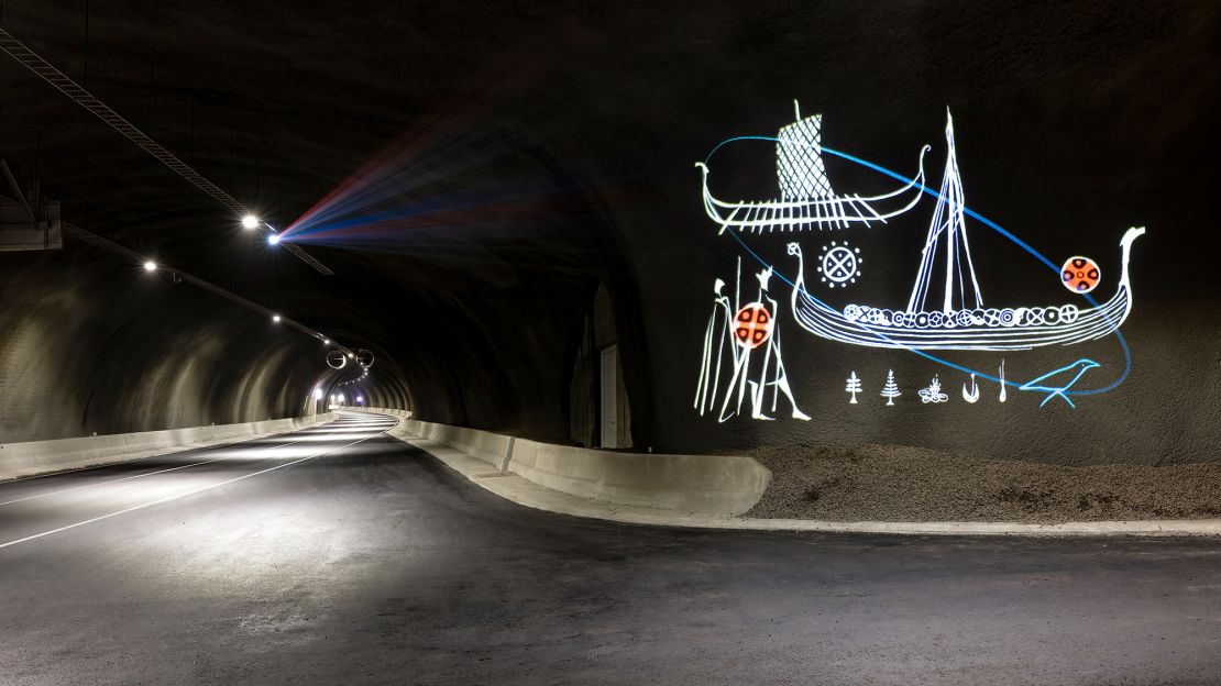 Streymoy and the wee island of Sandoy are connected by the latest subsea tunnel, the Sandoy Tunnel. It features the work of Faroese artist Edward Fuglø.