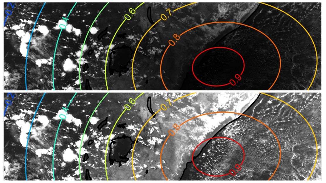 Satellite images show clouds during the October 3, 2005, solar eclipse over Africa (in the west, left) and the Indian Ocean (in the east, right). The top image hasn’t been corrected for the decrease in sunlight during an eclipse, while the lower image has been corrected for the decrease in sunlight, which was done to study the cloud evolution inside the moon’s partial shadow. The colored lines indicate the fraction of the sun obscured by the moon.