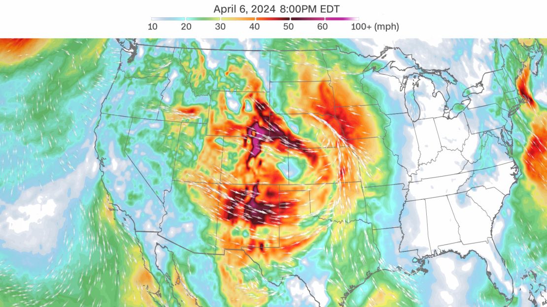 Forecast wind gusts for Saturday, April 6, 2024.