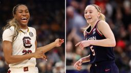 South Carolina guard Bree Hall, left, and UConn guard Paige Bueckers.