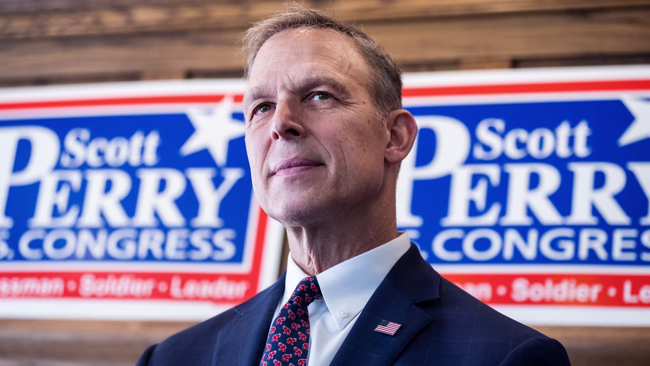 Rep. Scott Perry conducts a news conference with Speaker of the House Mike Johnson, R-La., after an event in Mechanicsburg, Pa., on Friday, October 11, 2024.