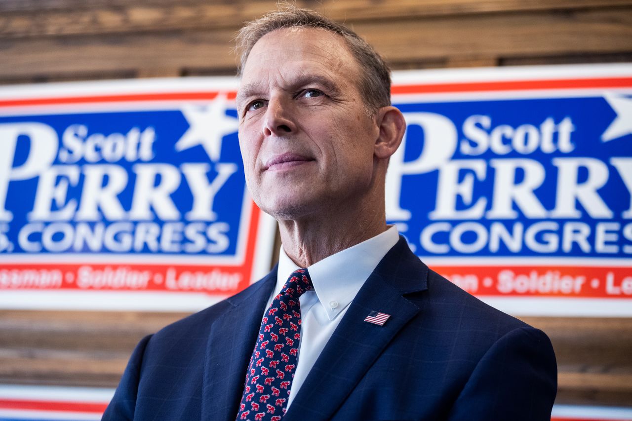 Rep. Scott Perry conducts a news conference with Speaker of the House Mike Johnson, R-La., after an event in Mechanicsburg, Pa., on Friday, October 11, 2024.