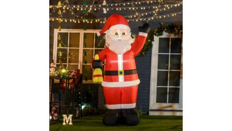 HOMCOM 8FT Tall Outdoor Lighted Inflatable Christmas Lawn Decoration, Santa Claus with Bell