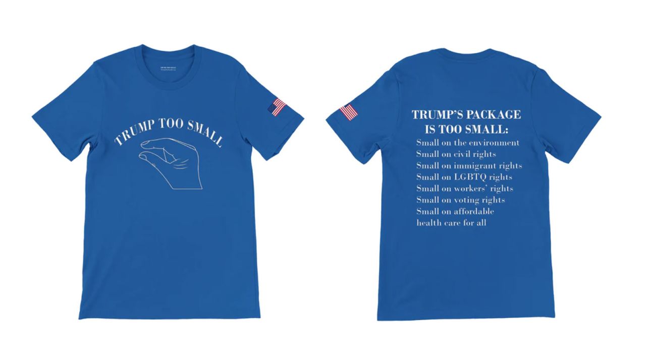 This photo taken from the website trumptoosmall.com shows the phrase “Trump too small” as a slogan for T-shirts and hats.