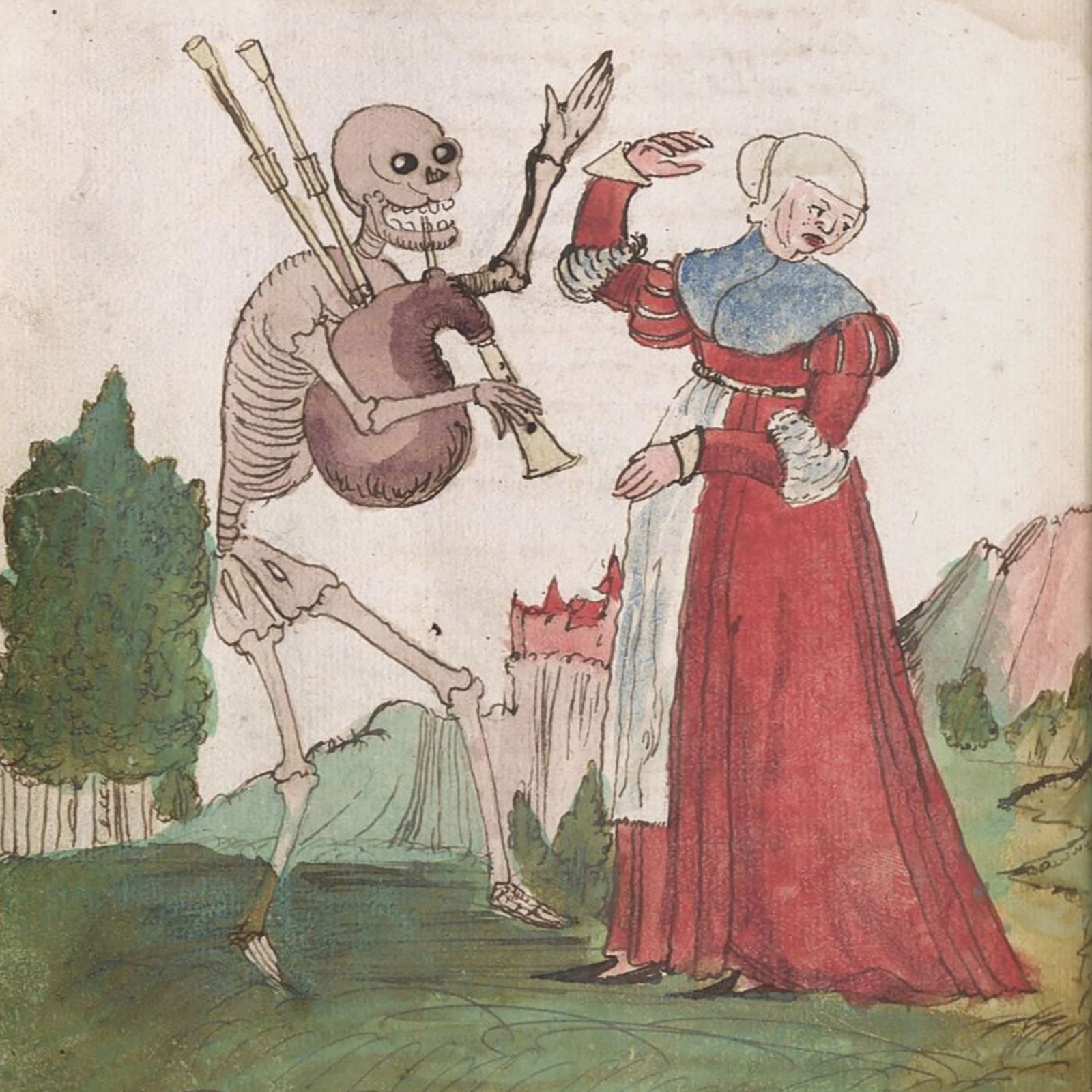 "Bagpipes? No thank you. Send a skeleton who knows how to play something nicer, please." This illustration is part of the Danse Macabre motif, in which the grim reaper takes the dead on a musical journey to the afterlife.